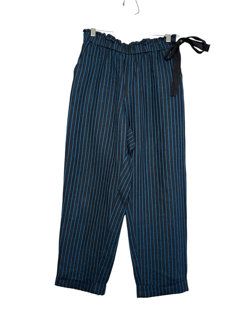 Wrap London Women's Blue & Black Pinstripe Linen Blend Ribbon Tie Pants Size 8